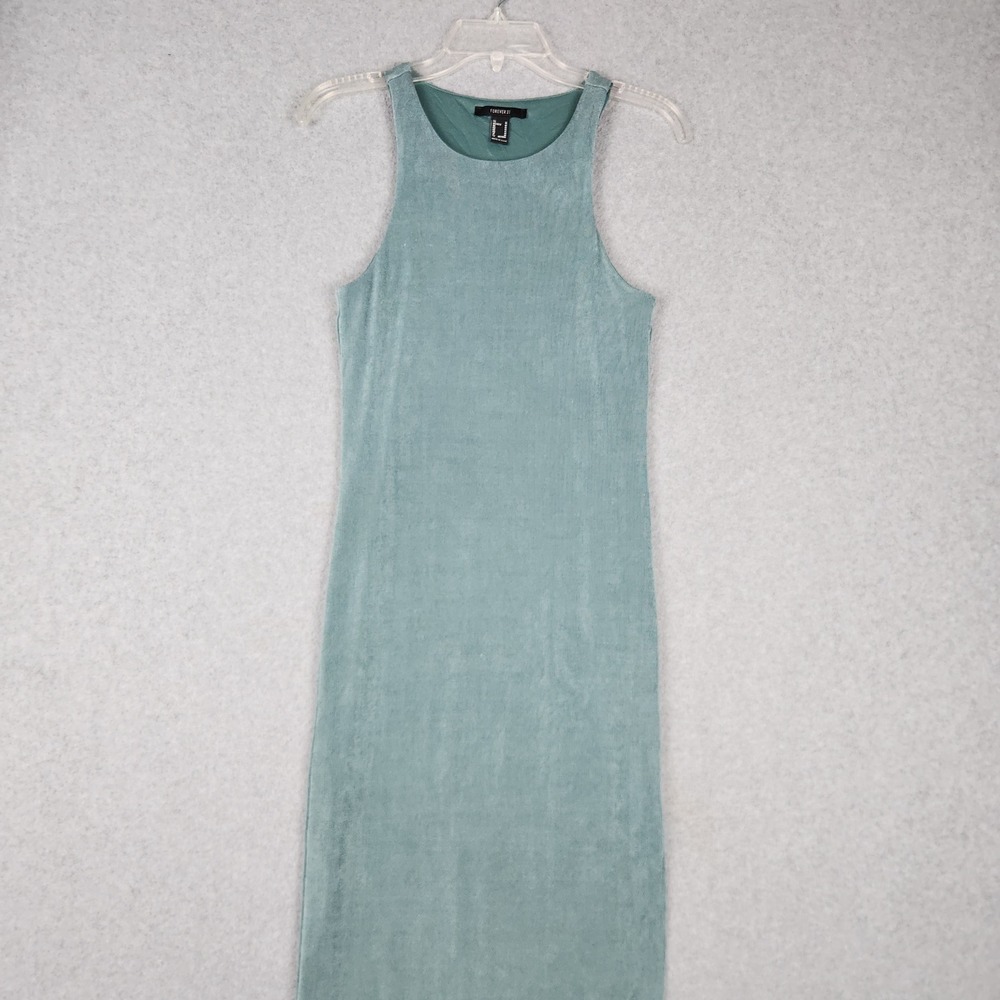 Forever 21 Dress Womens Medium Sage Green Ribbed Textured Sleeveless Side‎ Slit